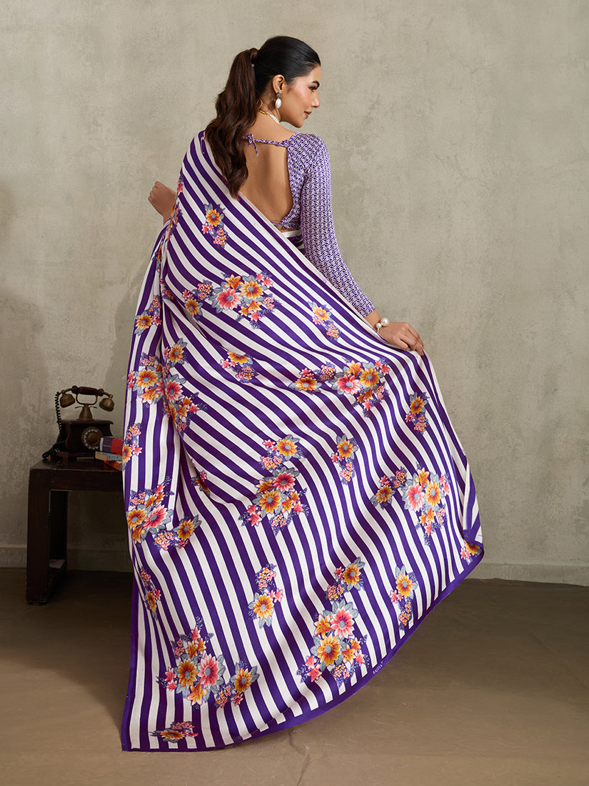 Monjolika Fashion Purple Printed Satin Saree