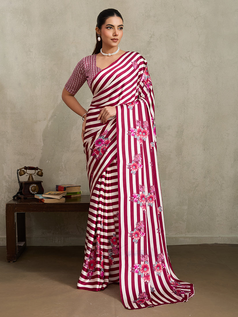 Monjolika Fashion Maroon Printed Satin Saree