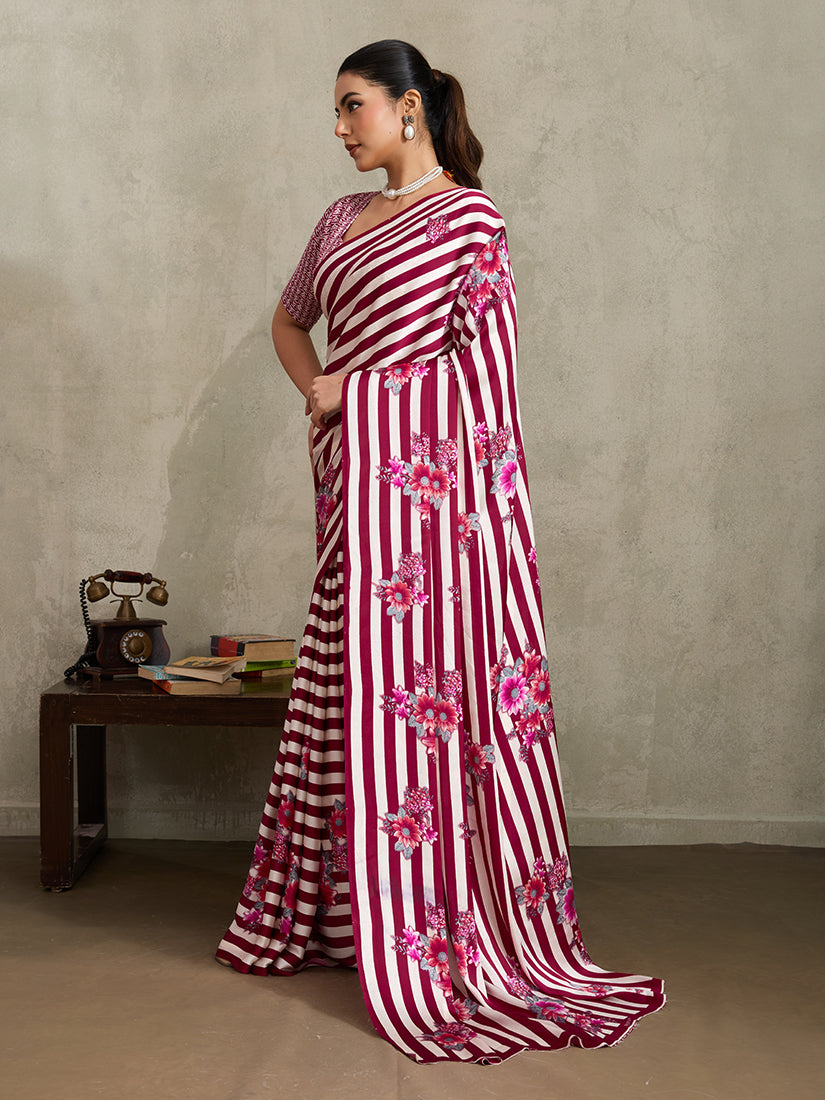 Monjolika Fashion Maroon Printed Satin Saree