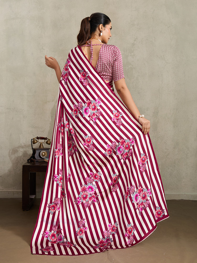 Monjolika Fashion Maroon Printed Satin Saree