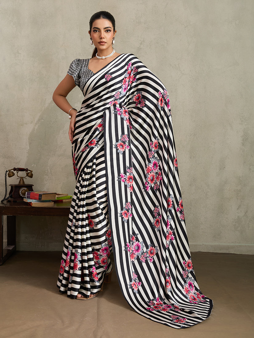 Monjolika Fashion Black Printed Satin Saree