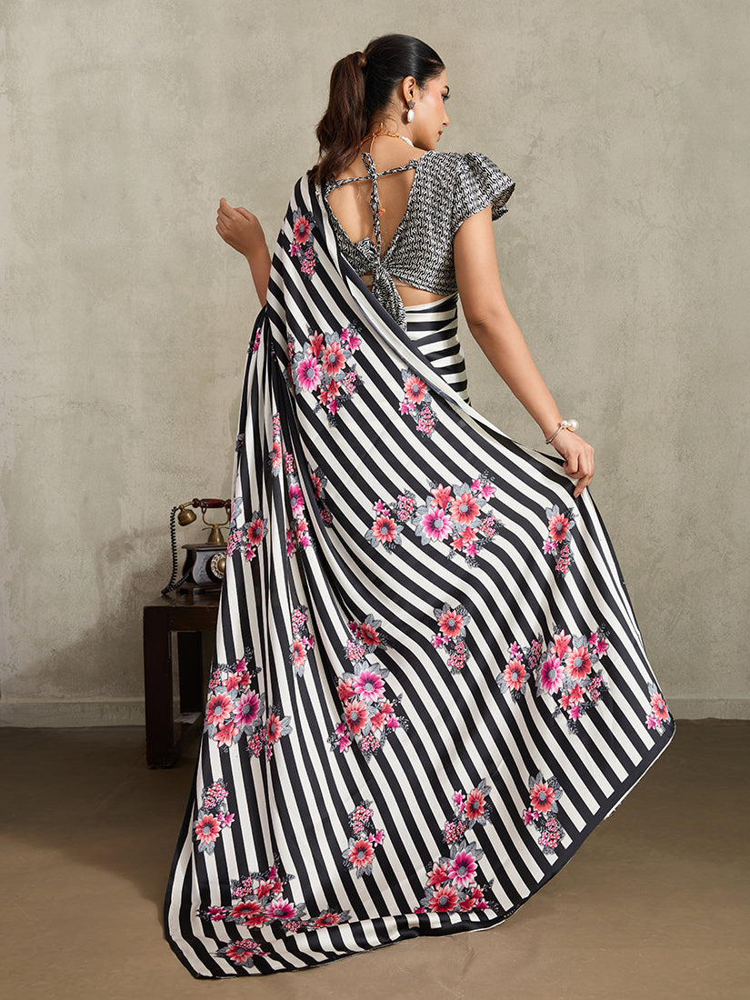 Monjolika Fashion Black Printed Satin Saree
