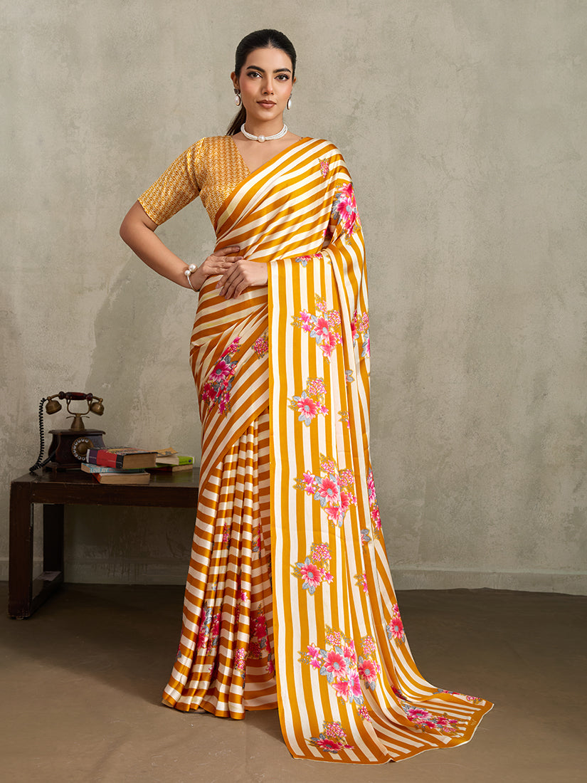 Monjolika Fashion Mustard Printed Satin Saree