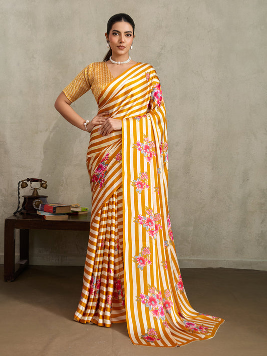 Monjolika Fashion Mustard Printed Satin Saree