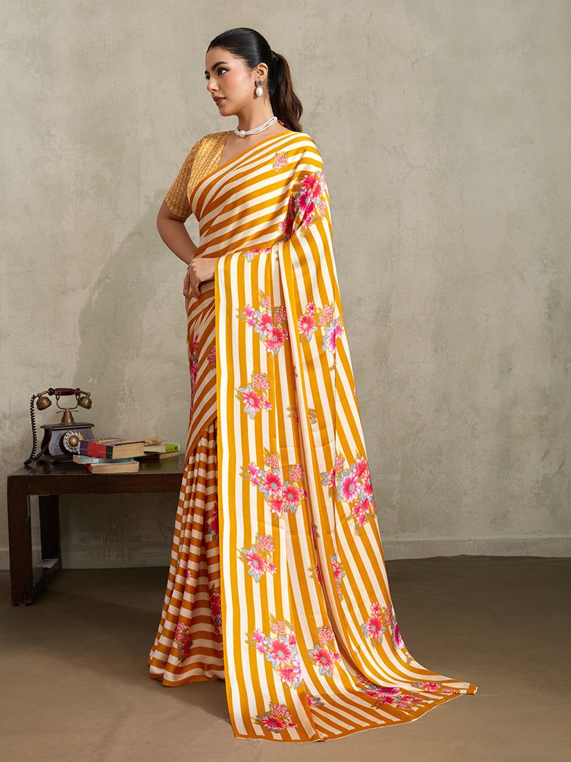 Monjolika Fashion Mustard Printed Satin Saree