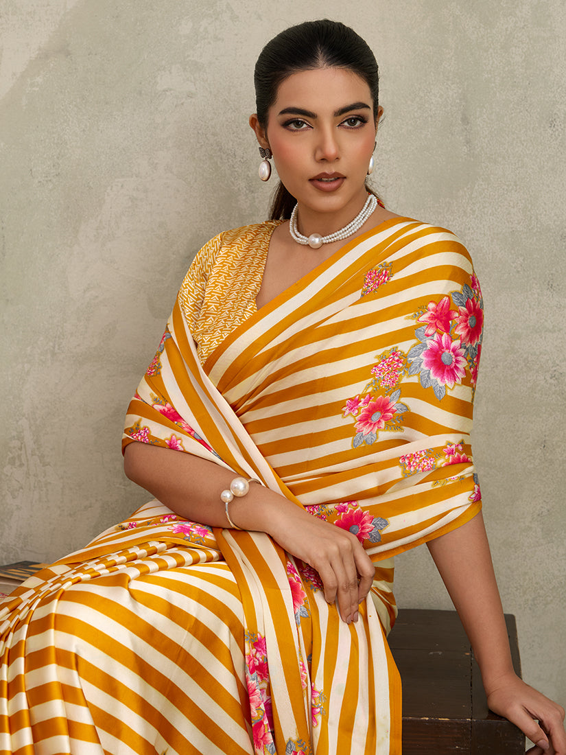 Monjolika Fashion Mustard Printed Satin Saree