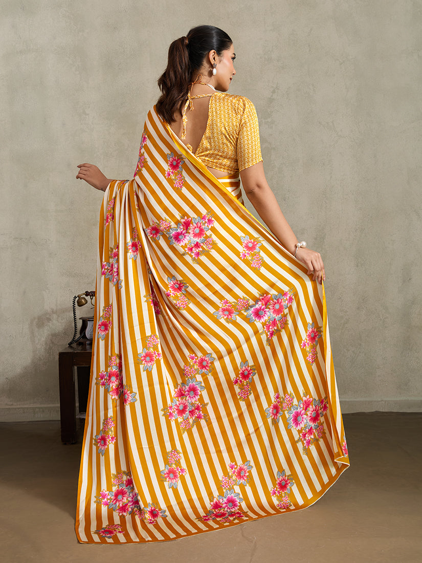 Monjolika Fashion Mustard Printed Satin Saree