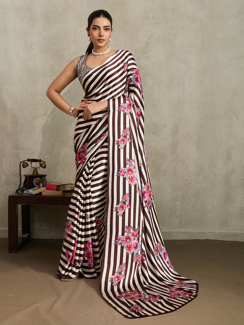 Monjolika Fashion Brown Printed Satin Saree