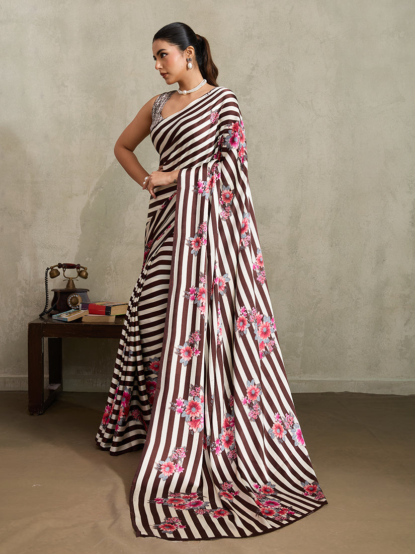 Monjolika Fashion Brown Printed Satin Saree