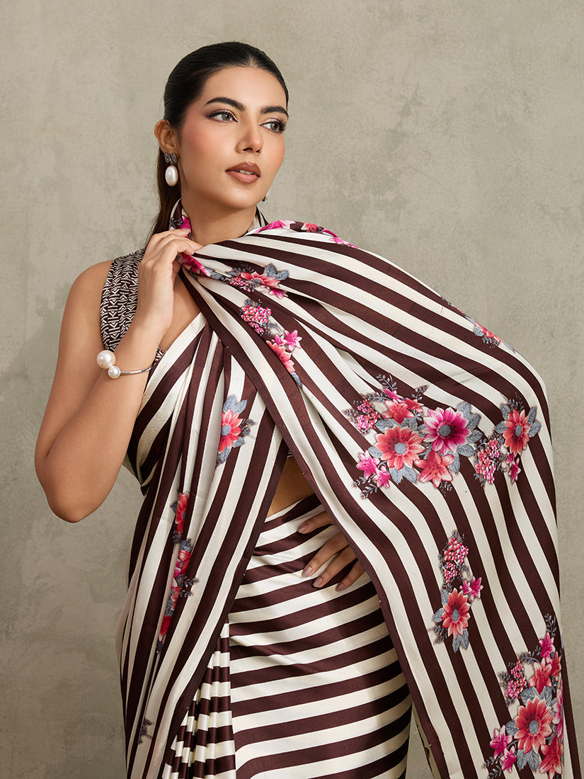 Monjolika Fashion Brown Printed Satin Saree