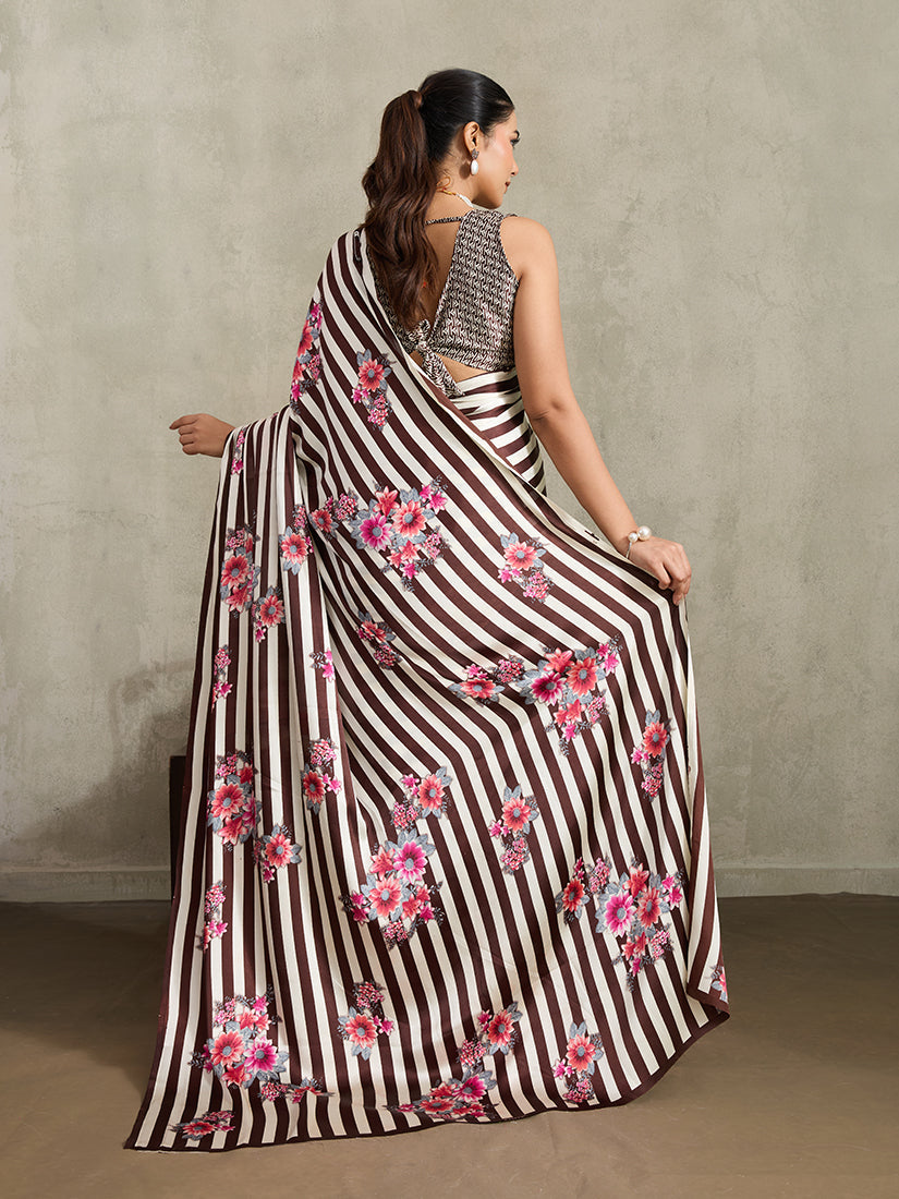 Monjolika Fashion Brown Printed Satin Saree