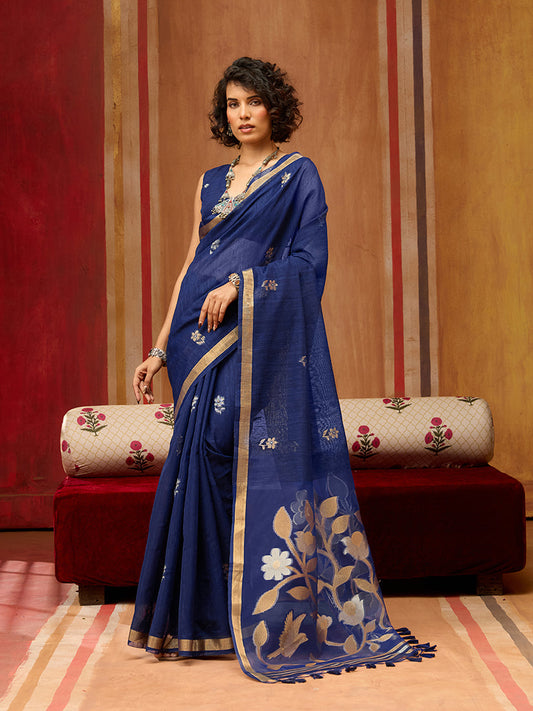 Monjolika Fashion Navy Blue Silk Blend woven Work Saree