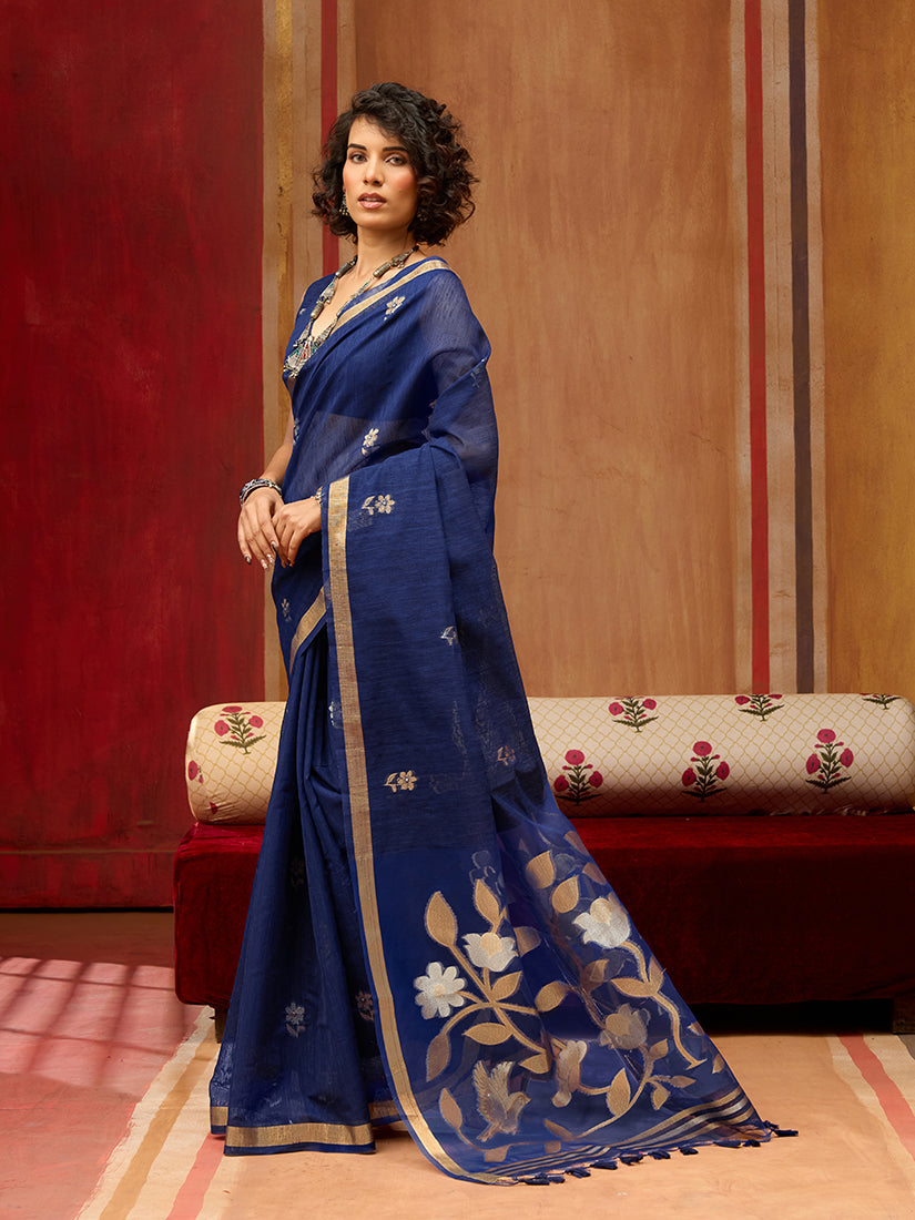 Monjolika Fashion Navy Blue Silk Blend woven Work Saree
