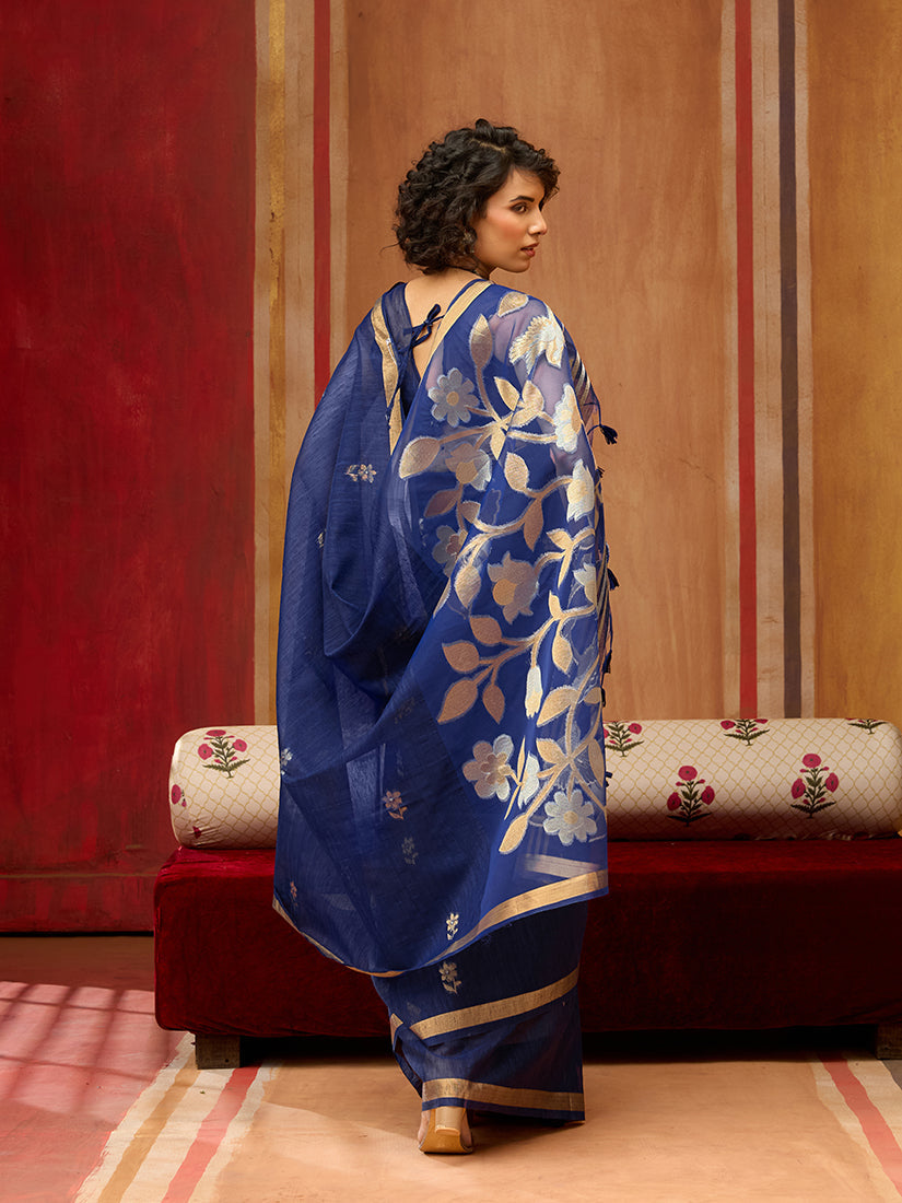 Monjolika Fashion Navy Blue Silk Blend woven Work Saree