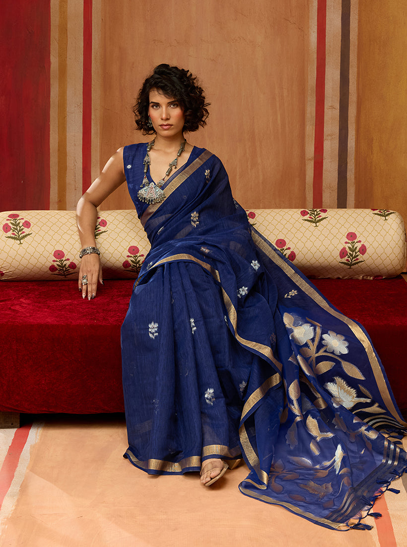 Monjolika Fashion Navy Blue Silk Blend woven Work Saree