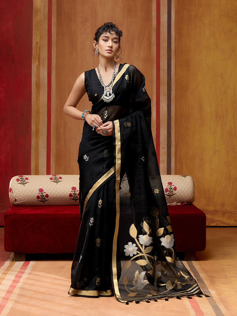 Monjolika Fashion Black Silk Blend woven Work Saree