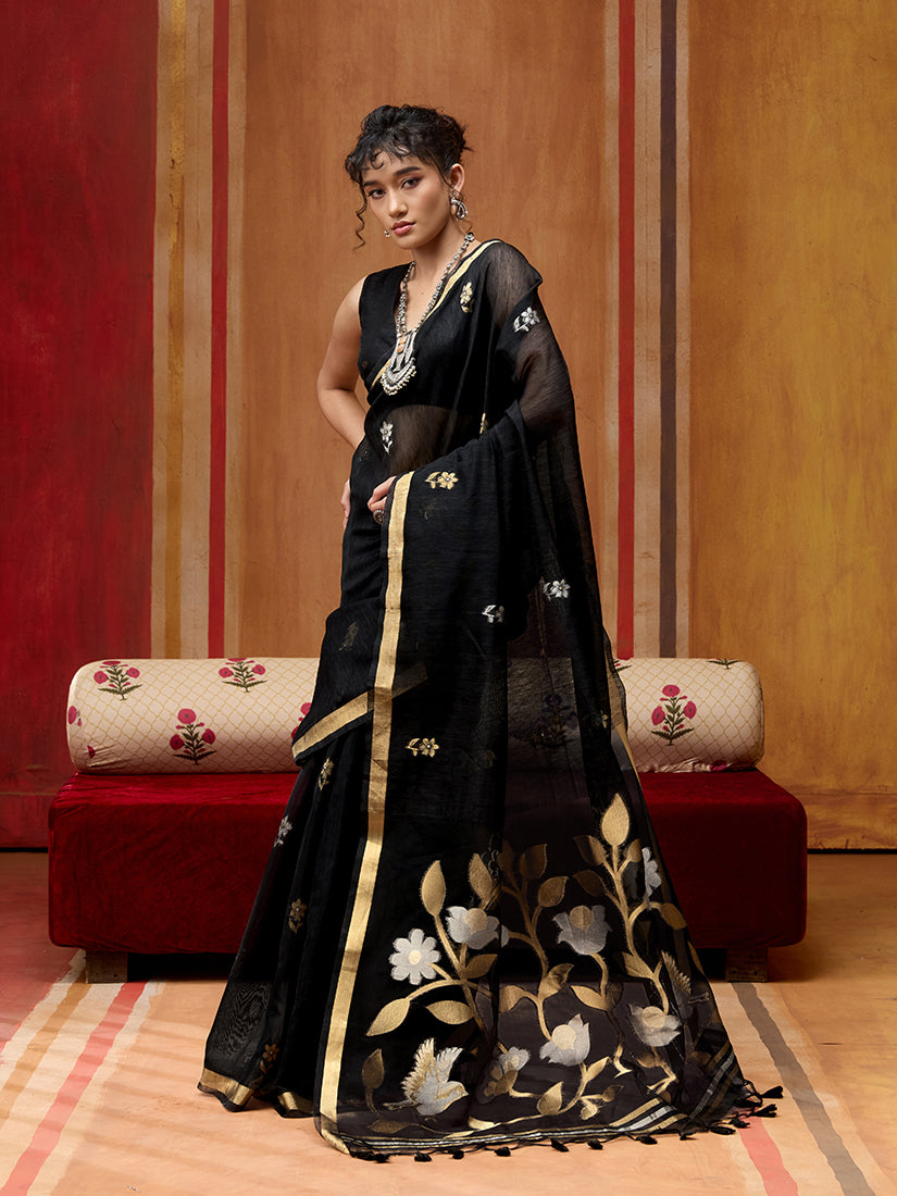 Monjolika Fashion Black Silk Blend woven Work Saree