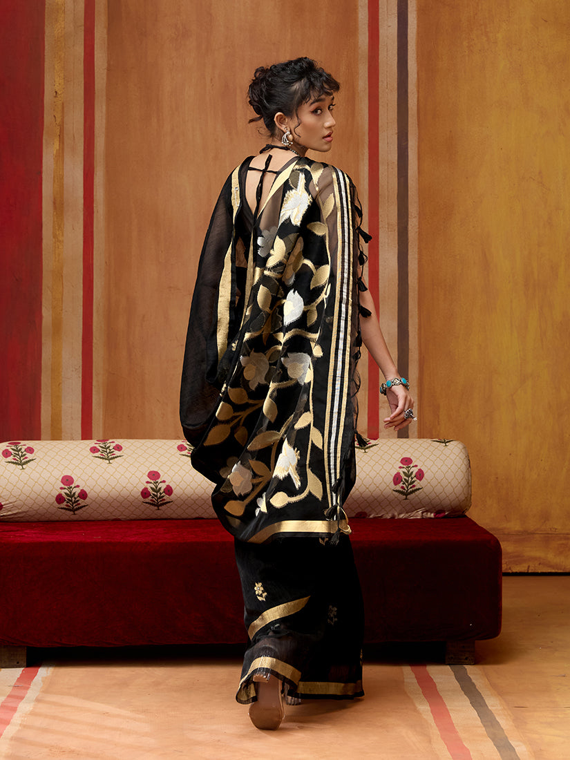 Monjolika Fashion Black Silk Blend woven Work Saree