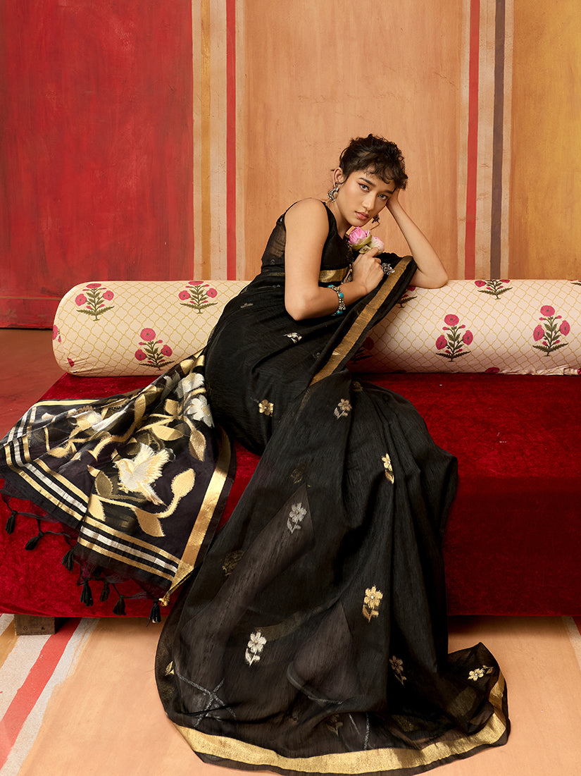 Monjolika Fashion Black Silk Blend woven Work Saree