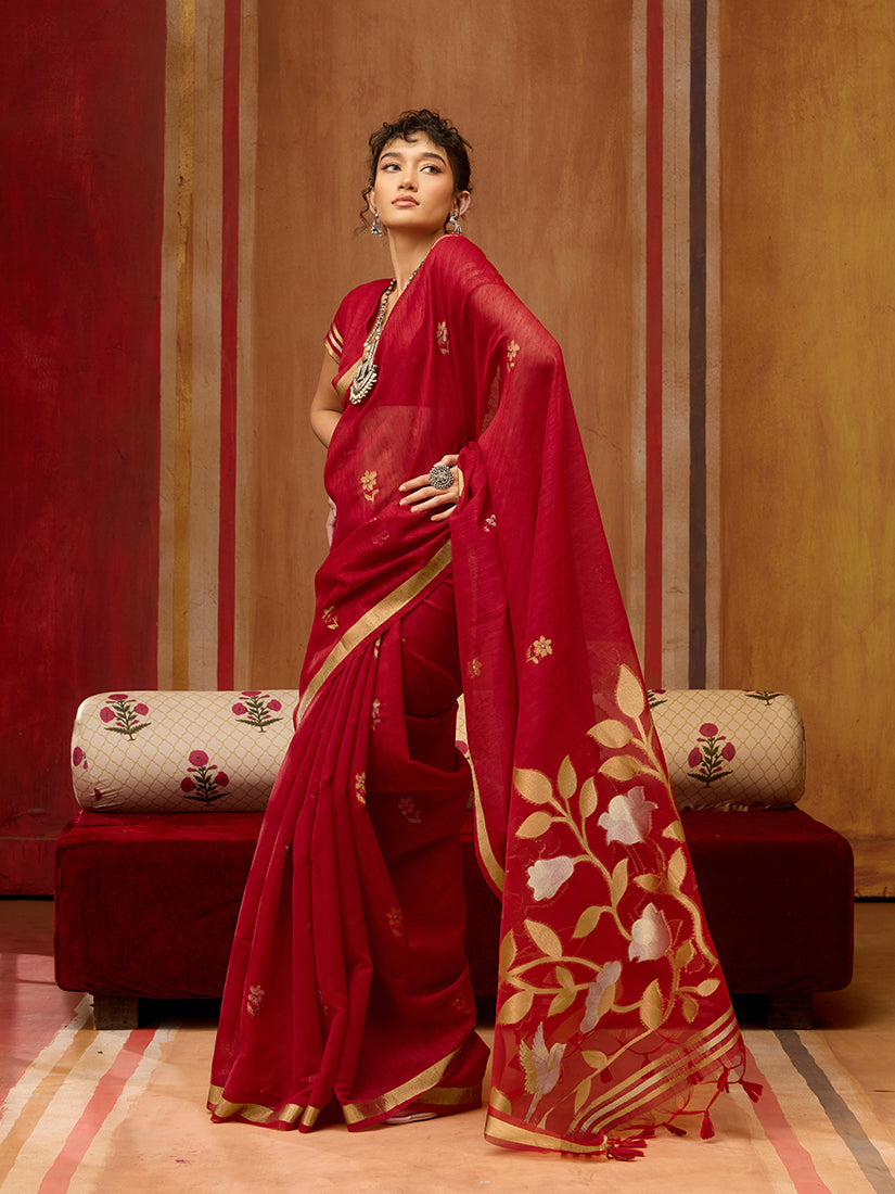 Monjolika Fashion Red Silk Blend woven Work Saree
