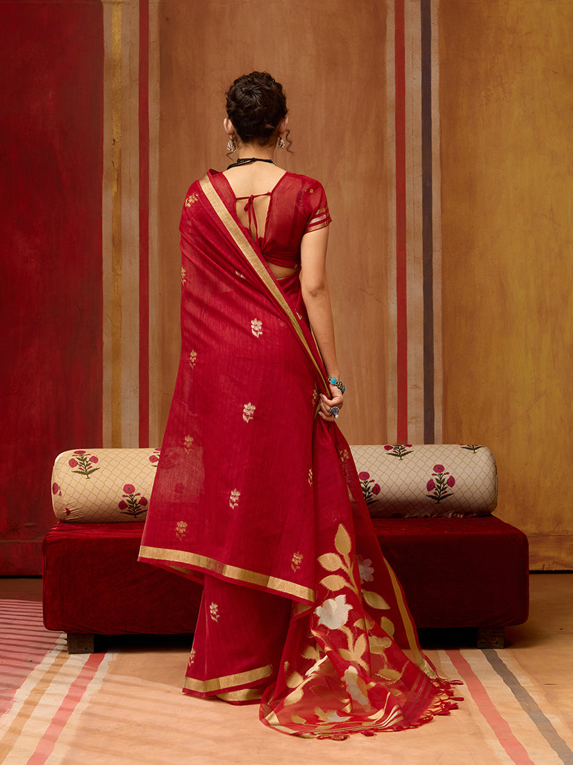 Monjolika Fashion Red Silk Blend woven Work Saree