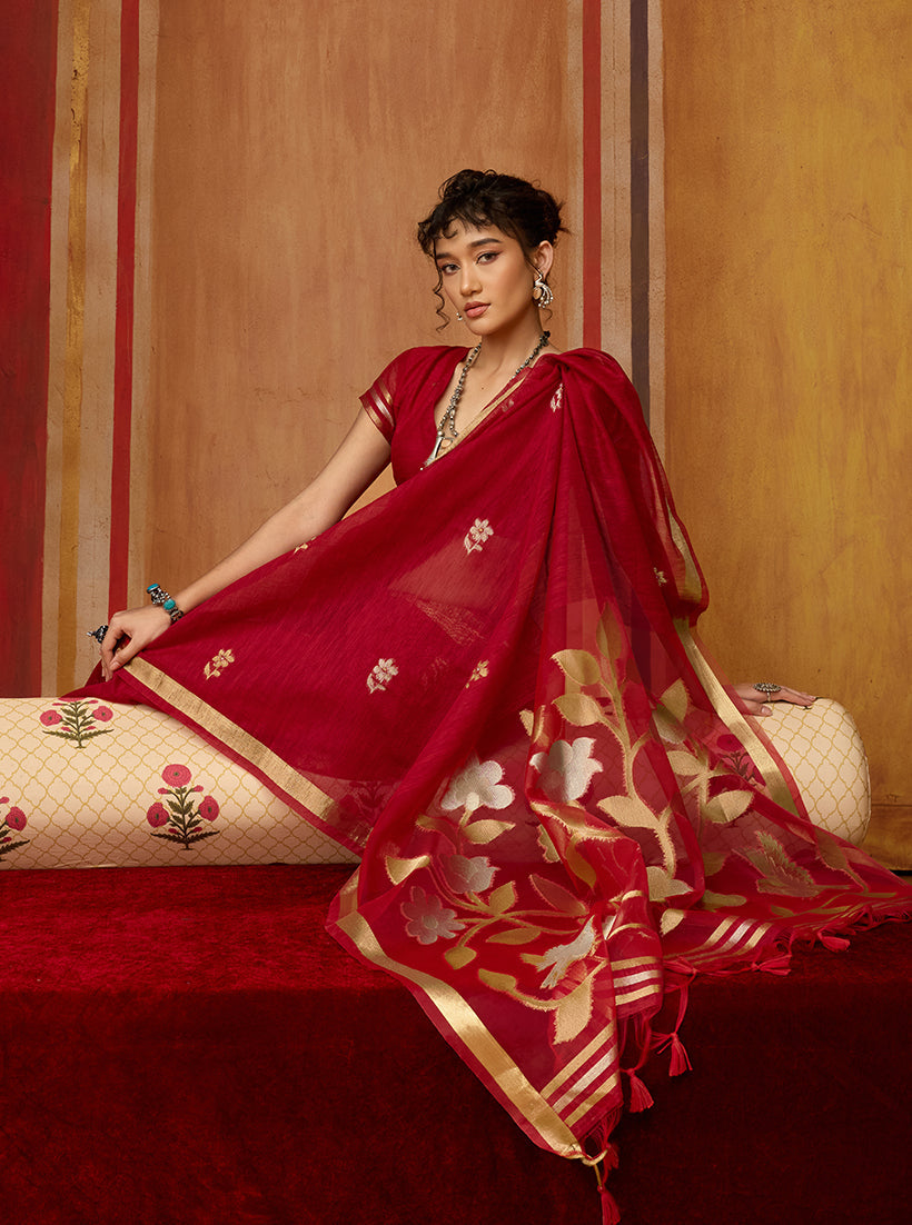 Monjolika Fashion Red Silk Blend woven Work Saree