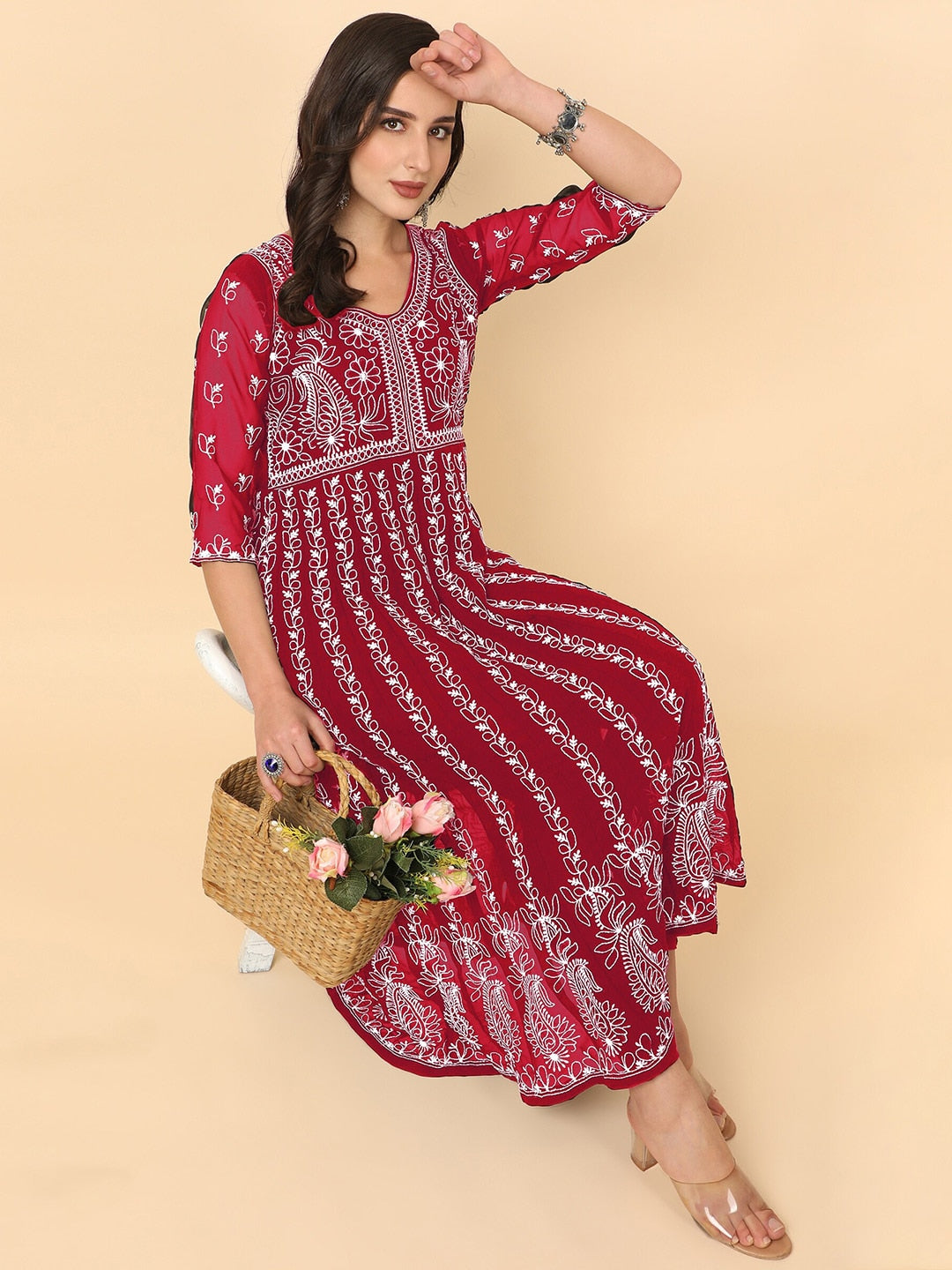 HERE&NOW Chikankari Embroidered Thread Work Georgette Anarkali Kurta 