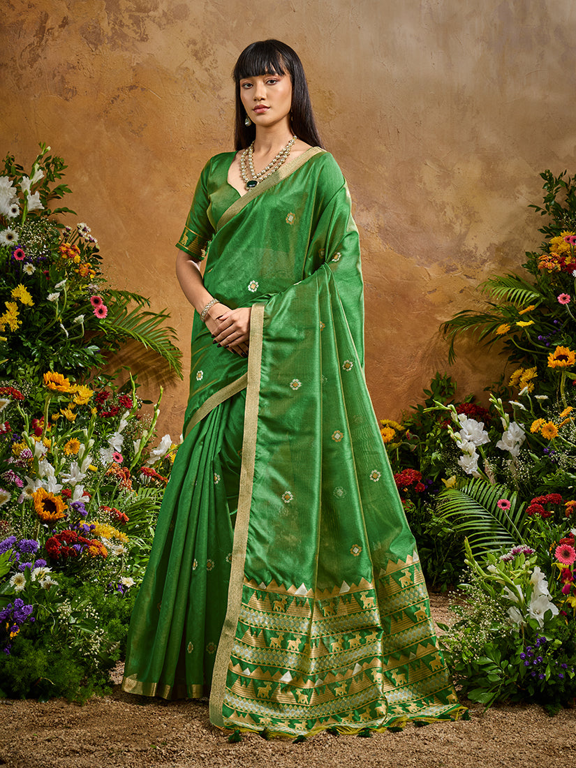 Monjolika Fashion Green Tussar Silk Blend woven Work Saree