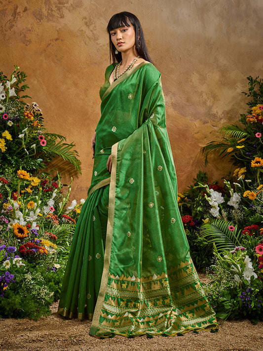 Monjolika Fashion Green Tussar Silk Blend woven Work Saree