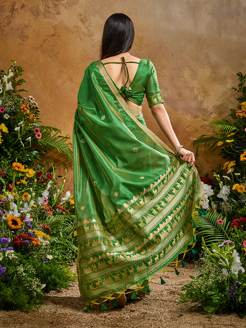 Monjolika Fashion Green Tussar Silk Blend woven Work Saree