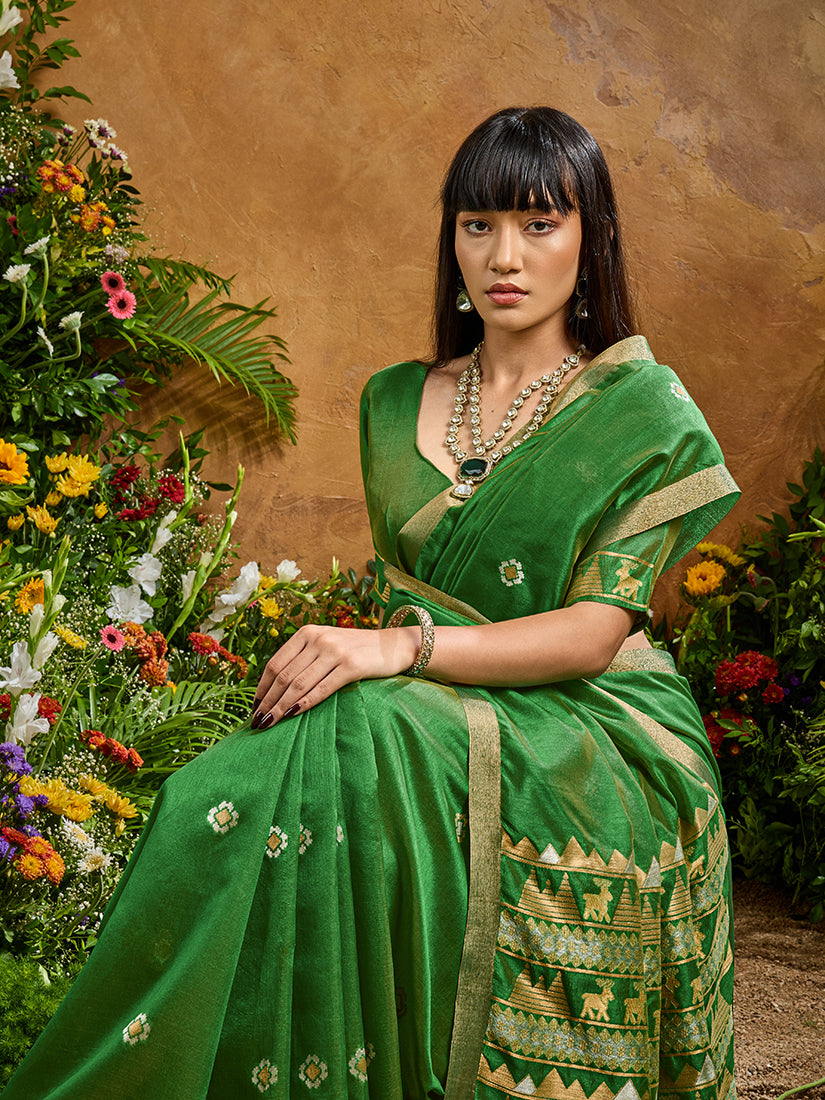 Monjolika Fashion Green Tussar Silk Blend woven Work Saree