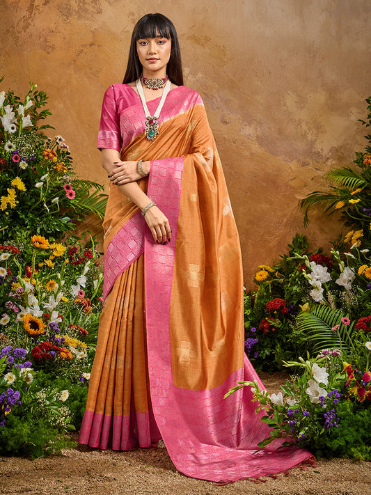 Monjolika Fashion Woven Work Silk Blend Rust Saree