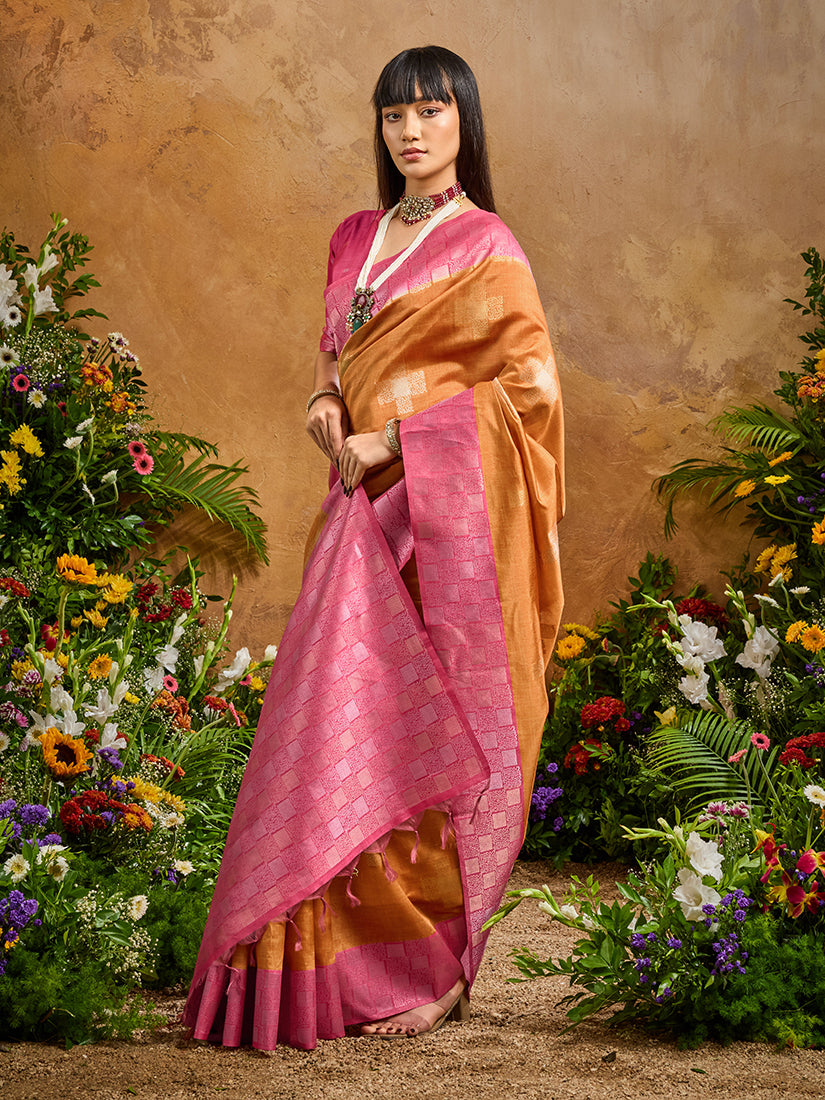 Monjolika Fashion Woven Work Silk Blend Rust Saree