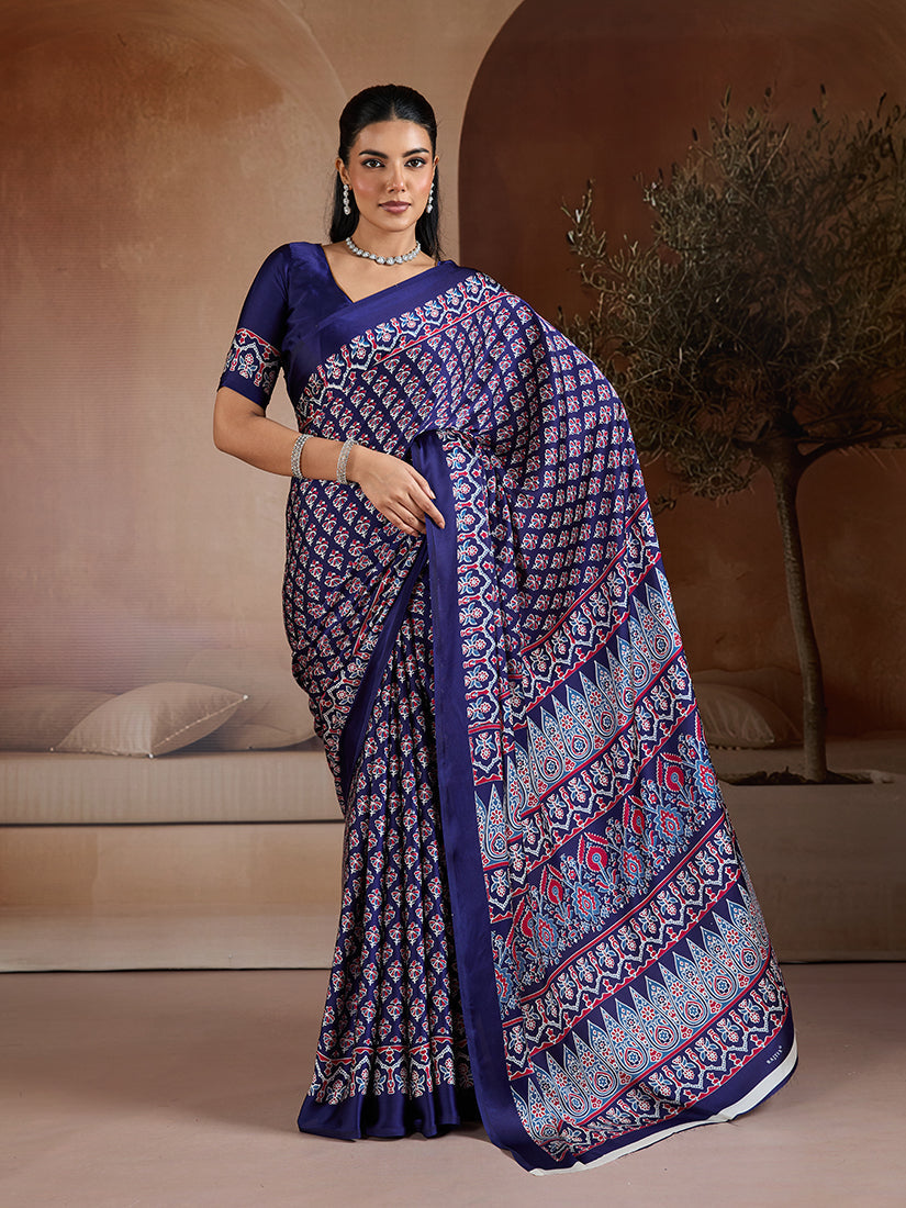 Monjolika Fashion Navy Blue Printed Satin Saree