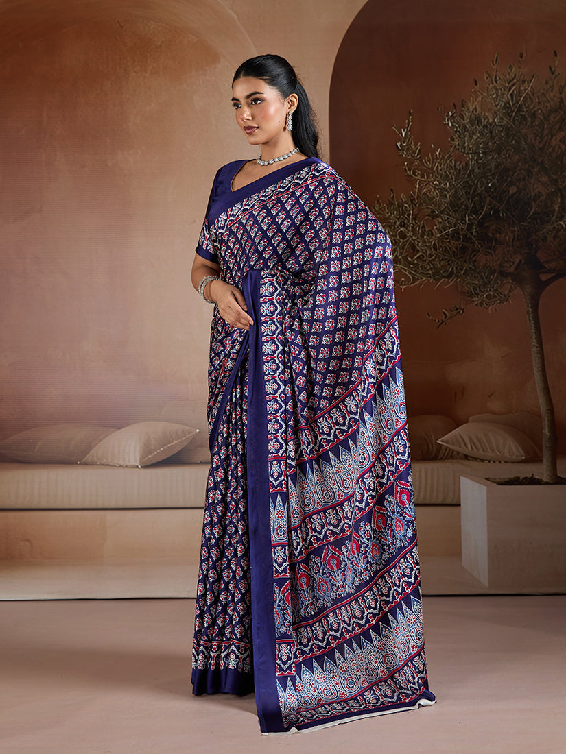 Monjolika Fashion Navy Blue Printed Satin Saree