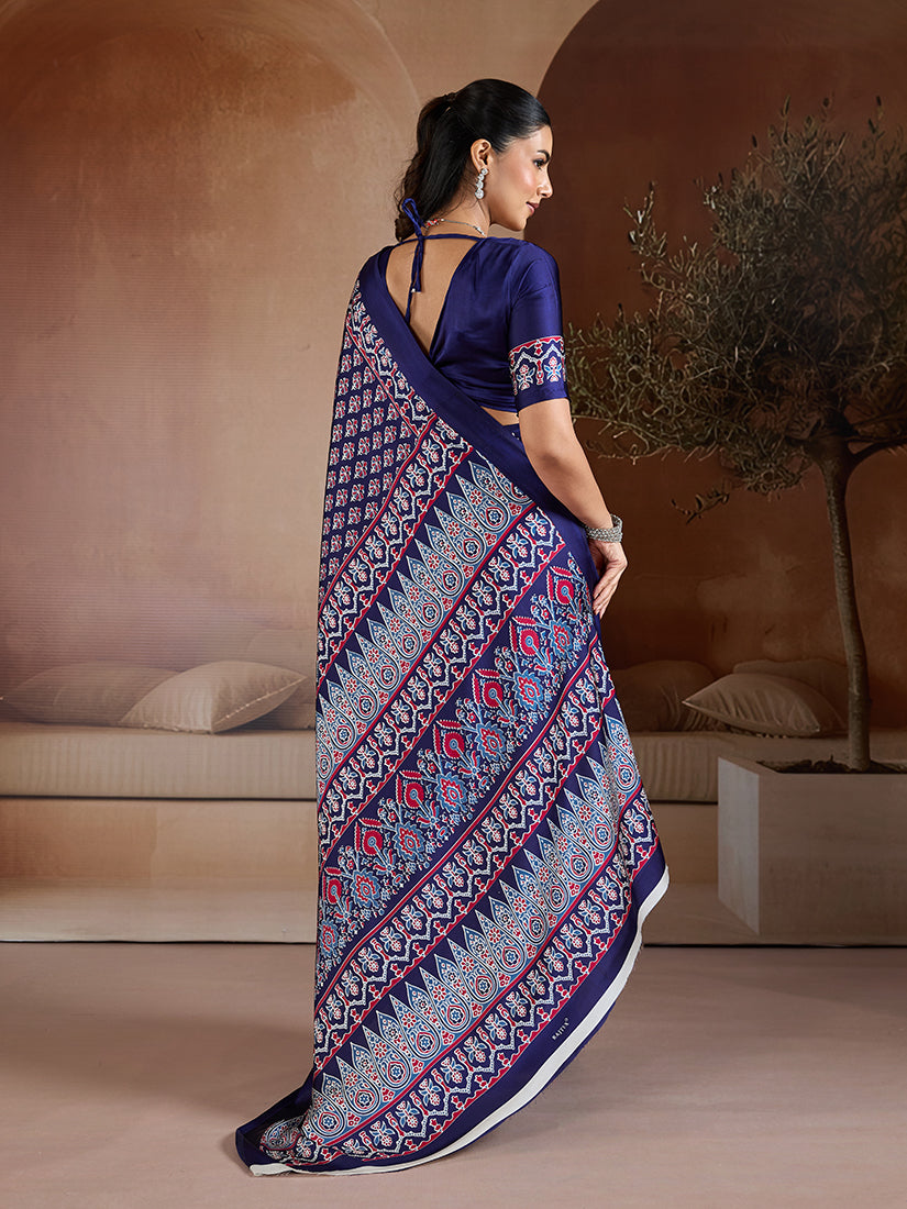 Monjolika Fashion Navy Blue Printed Satin Saree