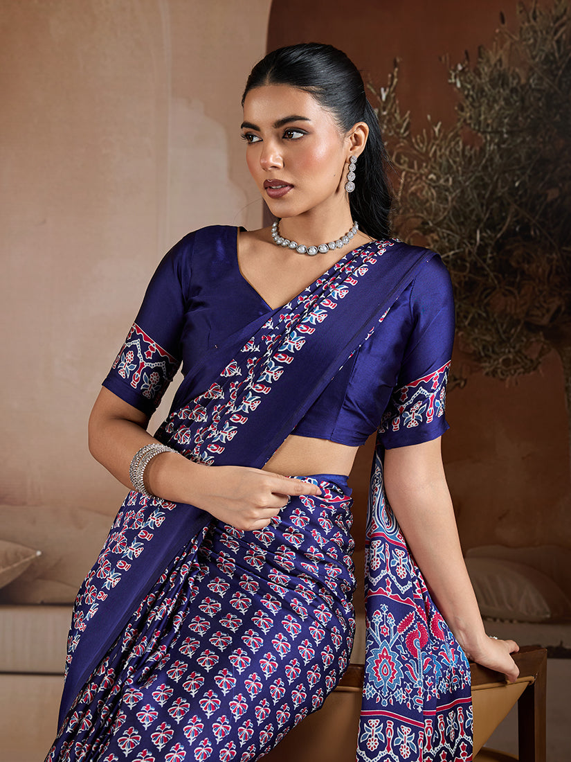 Monjolika Fashion Navy Blue Printed Satin Saree