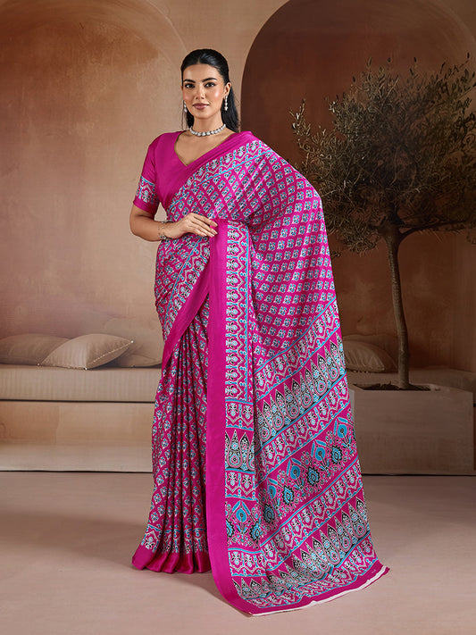 Monjolika Fashion Rani Pink Printed Satin Saree
