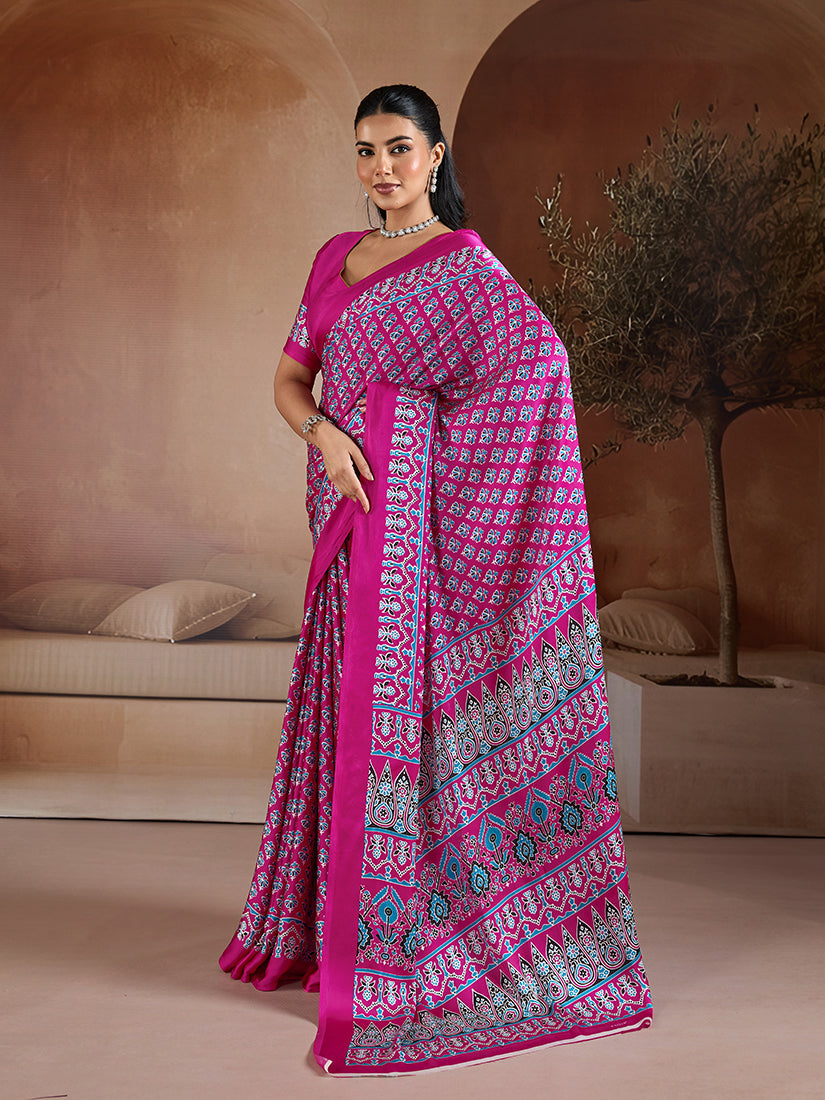 Monjolika Fashion Rani Pink Printed Satin Saree