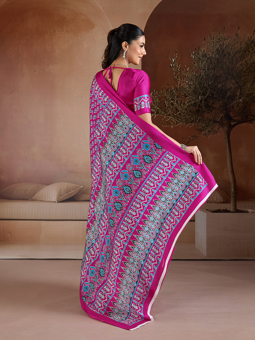 Monjolika Fashion Rani Pink Printed Satin Saree