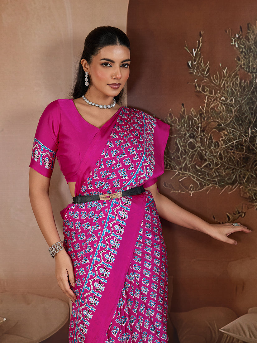 Monjolika Fashion Rani Pink Printed Satin Saree