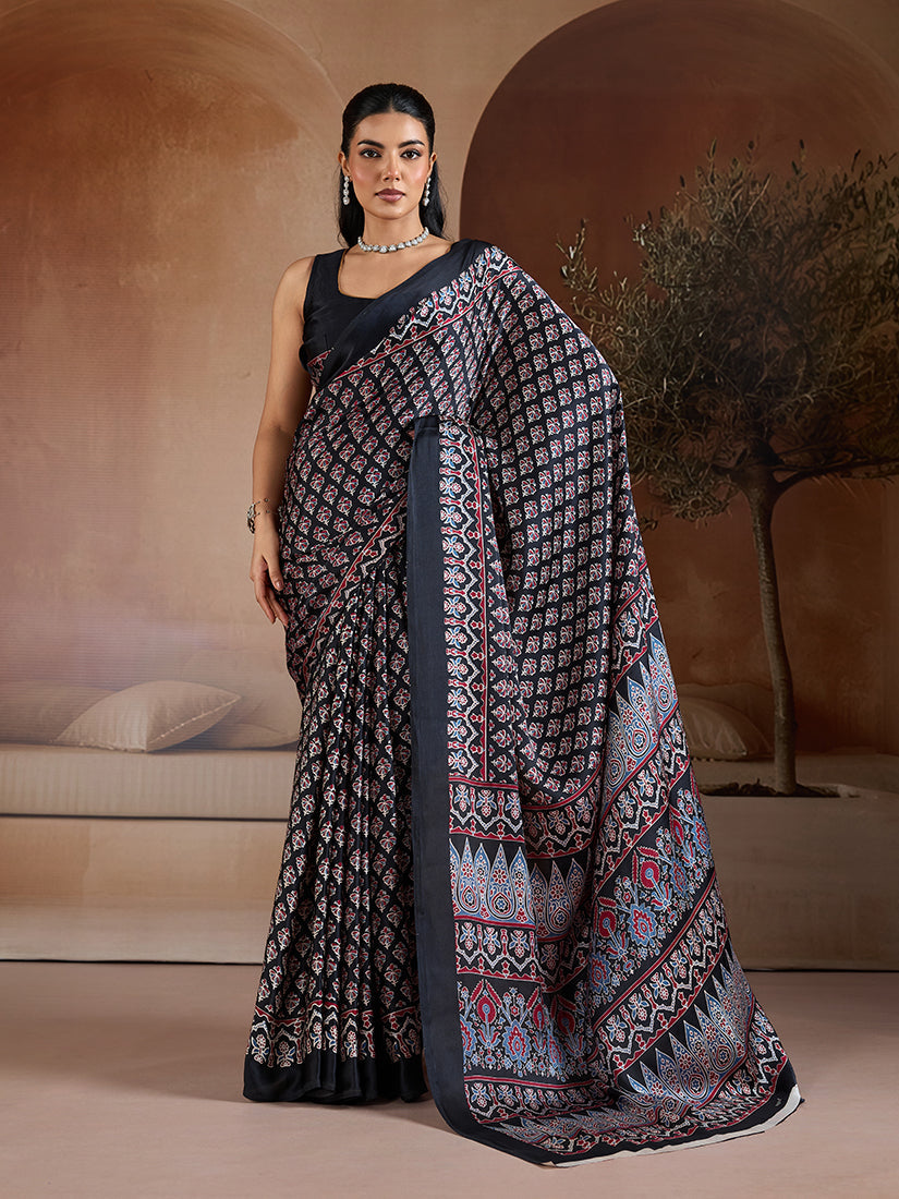Monjolika Fashion Black Printed Satin Saree