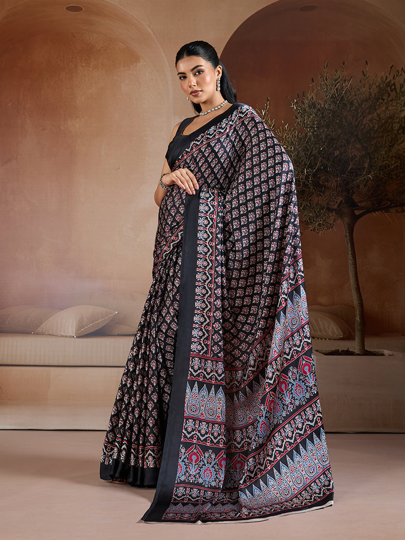 Monjolika Fashion Black Printed Satin Saree