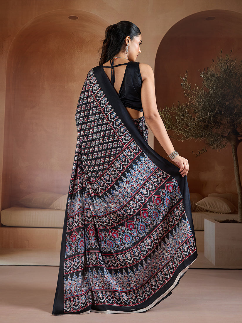 Monjolika Fashion Black Printed Satin Saree