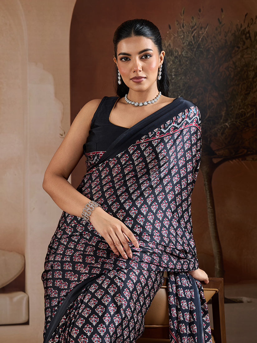 Monjolika Fashion Black Printed Satin Saree