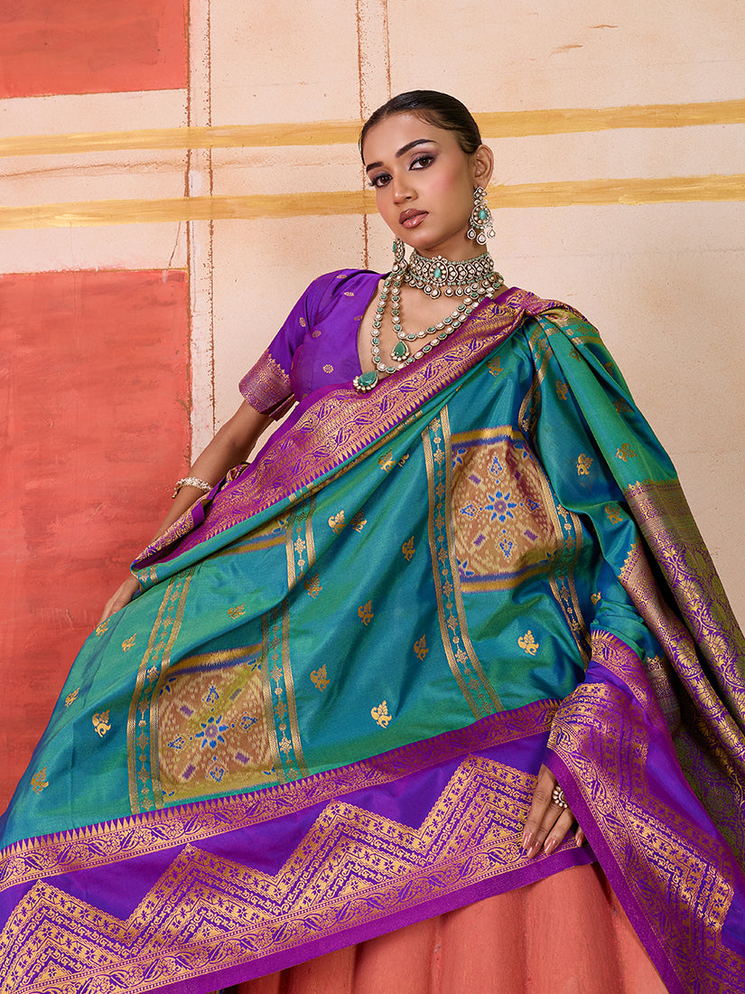 Monjolika Fashion Silk Blend woven Work Teal Saree