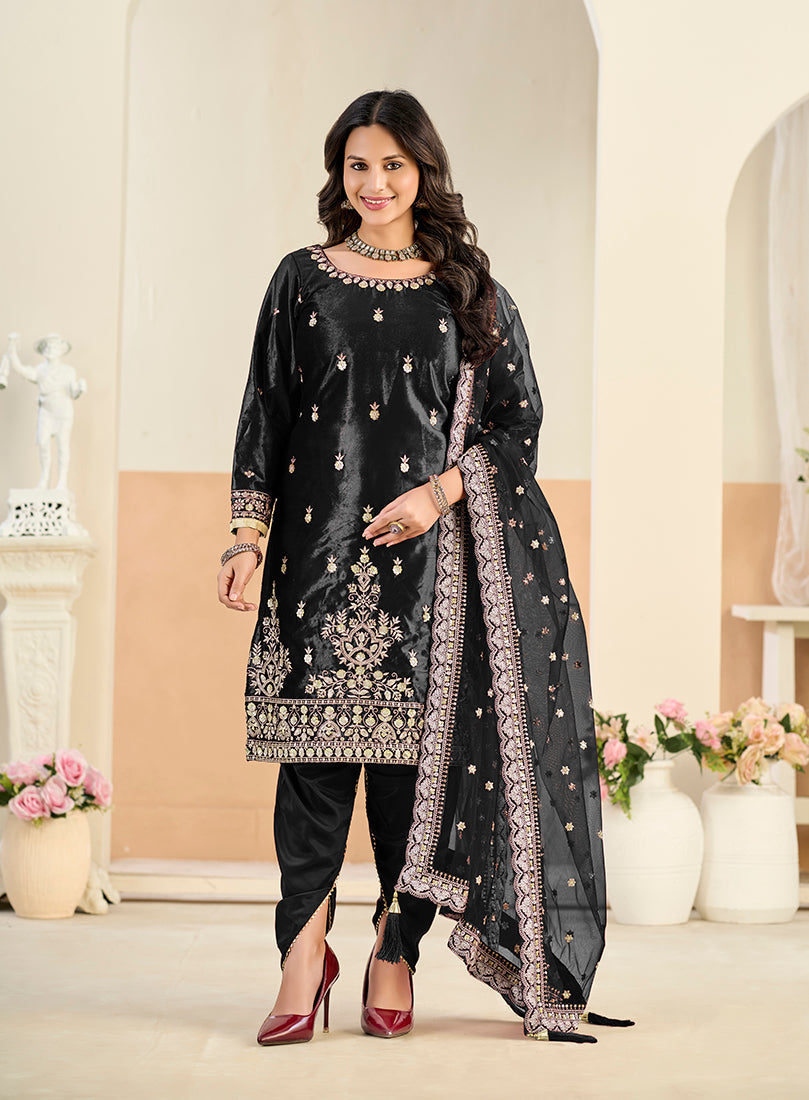 Monjolika Fashion Black Velvet Embroidered Salwar Kameez