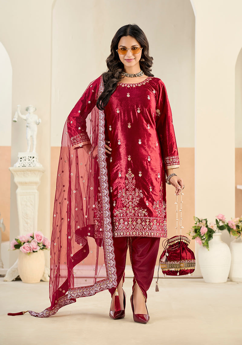 Monjolika Fashion Maroon Velvet Embroidered Salwar Kameez