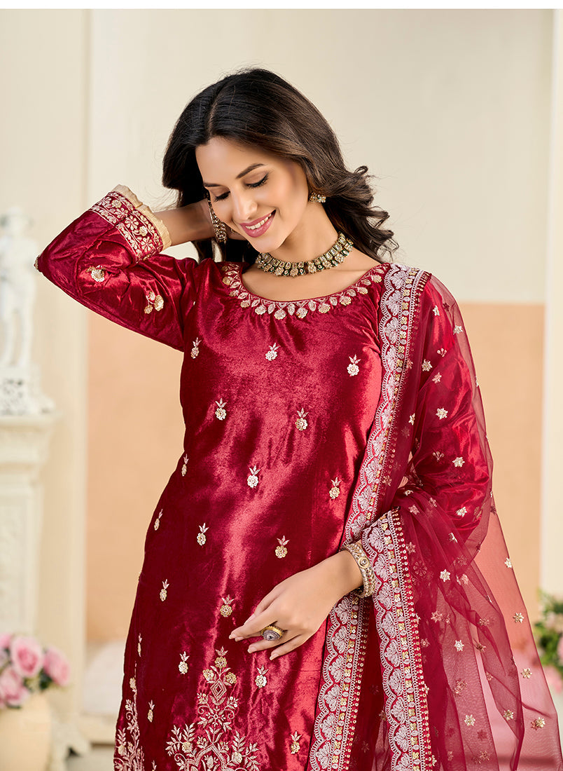 Monjolika Fashion Maroon Velvet Embroidered Salwar Kameez