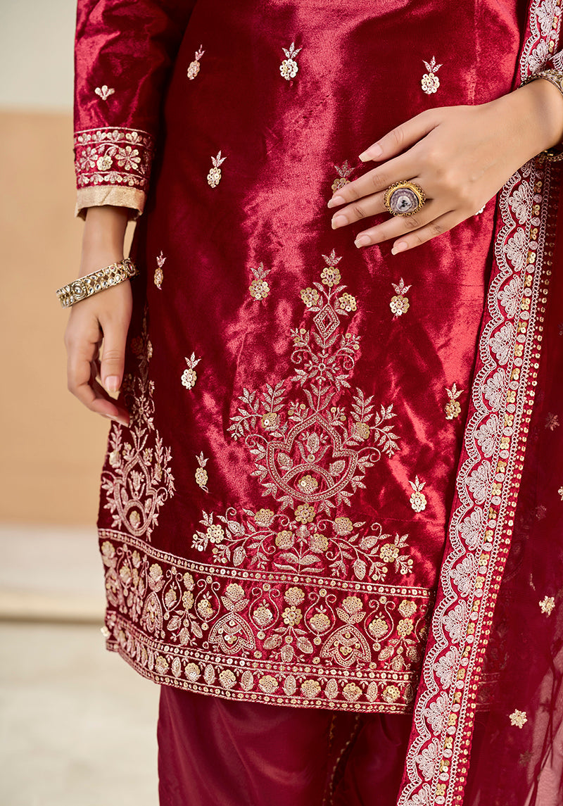 Monjolika Fashion Maroon Velvet Embroidered Salwar Kameez